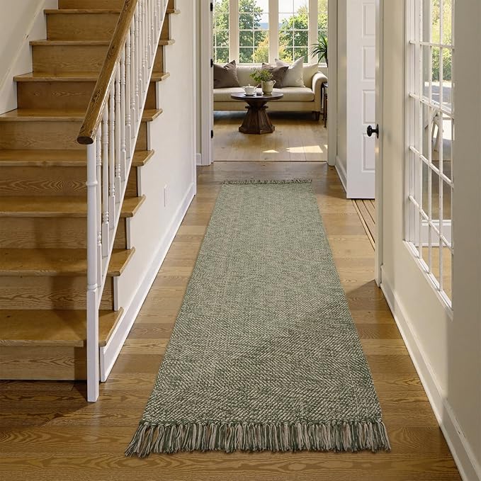 Collive Long Carpet Runners for Hallway 2.6x8ft, Washable Cotton Woven Kitchen Runner Rugs Low-Profile Entryway Rug, Natural/Green Modern Front Door Floor Carpet for Laundry Room Bedroom Doorway