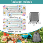Rustic Daisy Flower Wooden Picnic Table Cover with Bench Covers, Farmhouse Flower Waterproof Wood Board Tablecloth for Patio Camping Outdoor Party Decorations with Drawstring Bag, 30X60in, 3PCS