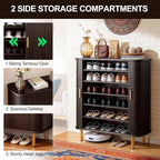 DHH Shoe Storage Cabinet with Sliding Door, 6-Tier Shoe Cabinet with Adjustable Shelves, Modern Freestanding Shoe Storage Organizer for Entryway, Hallway, Living Room (Dark Walnut, 31.5 ")