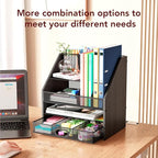 Homsorout Wooden Desk Organizer - Mesh File Organizer with Drawers and Pen Holder - 4-Tier Vertical Paper Letter Storage Tray, Desktop Organizers and Accessories for Home Office (Black
