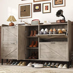 HOMEFORT Large Shoe Cabinet with 4 Flip Drawers, Farmhouse Narrow Shoe Organizer Cabinet for Entryway, Hidden Shoe Rack with Adjustable Side Cabinet for Boot Storage,6 Wood Legs, Washed Gray