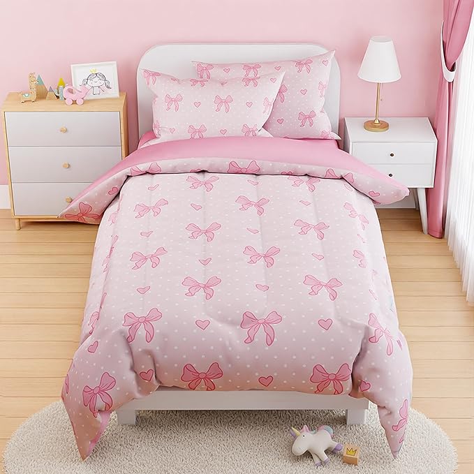 SANDJEST Bow Comforter Set Full Size 98x86in for Kids Girls, Microfiber 4 Pcs Bedding Set Includes 1 Comforter, 2 Pillowcases, 1 Fitted Sheet, Nursery Room Decor