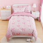SANDJEST Bow Comforter Set Full Size 98x86in for Kids Girls, Microfiber 4 Pcs Bedding Set Includes 1 Comforter, 2 Pillowcases, 1 Fitted Sheet, Nursery Room Decor
