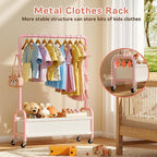 Kids Clothing Rack with Storage Shelf, Kids Dress Up Storage for Coats, Small Baby Garment Rack for Hanging Clothes, Toddler Wardrobe Closet Organizer (Pink, Upgrade with Wheel)