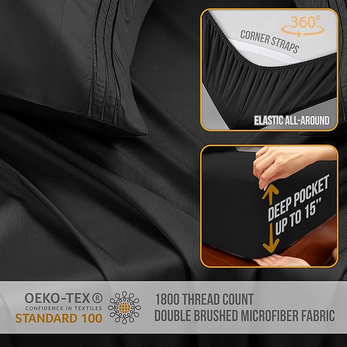 Twin Sheets Set - Luxury Hotel Bed Sheets - Soft Cooling Sheets with Elastic Corner Straps - Deep Pockets Microfiber Bedsheets - Bedding Sheet & Pillowcases Sets 3 PC (Twin Size, Black)