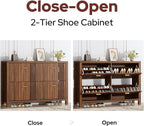 knoworld Shoe Storage Cabinet for Entryway with 4 Flip Drawers, 47.24" Narrow Fluted Shoe Organizer Cabinet, Slim Wooden Shoe Cabinet, Freestanding Hidden Shoe Cabinet for Entrance, Hallway (Walnut)
