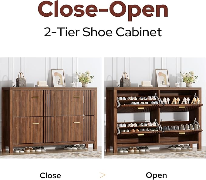 knoworld Shoe Storage Cabinet for Entryway with 4 Flip Drawers, 47.24" Narrow Fluted Shoe Organizer Cabinet, Slim Wooden Shoe Cabinet, Freestanding Hidden Shoe Cabinet for Entrance, Hallway (Walnut)