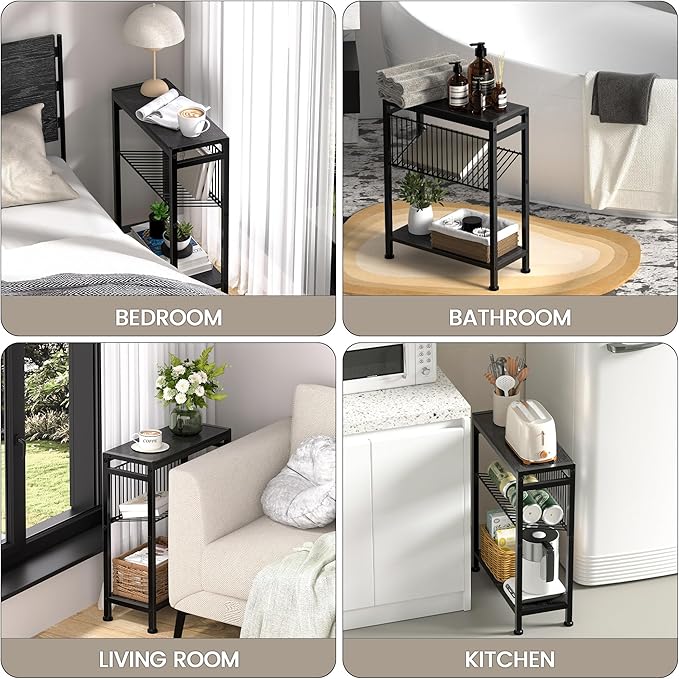 End Table Set of 2 for Small Space, 3-Tier Narrow Side Table with Magazine Holder,Slim Nightstand, Skinny Snack Couch Table in Living Room, Bedroom Study and Balcony (Black)