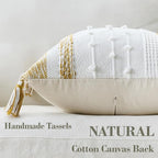 Boho Pillow Cover 18x18 Mustard Yellow - Handmade Woven Textured Throw Pillow Case with Cordings & Tassels, Decorative Accent for Couch Sofa Farmhouse Living Room Home Decor