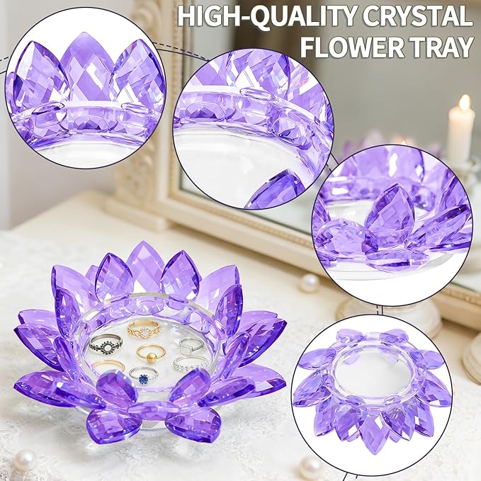 Crystal Flower Jewelry Tray, Transparent Decorative Trinket Dish for Rings, Earrings, Necklaces, Keys for Vanity Dresser Nightstand, Elegant Gift for Women Mother's Day (2, 6.3"(W)- Purple)