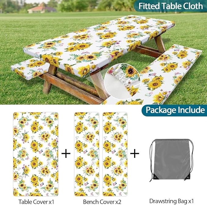 Sunflower Picnic Table Cover with Bench Covers, Summer Farmhouse Outdoor Table Covers with Elastic Camping Tablecloth for Party Essentials, Vintage Floral Rectangular Picnic Tablecloth Cover