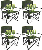 Folding Camping Chairs for Adults Heavy Duty Plus Size Camping Chairs 400 lb Steel Frame Metal Arm Lawn Chairs with Cup Holder, Extra Large Camp Chair for Outdoor Sports, Green 4 Pack (2 Pack x 2)