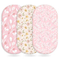 Baby Bassinet Sheets Girl Boy, Fitted Bassinet Sheet Set 3 Pack Bassinet Mattress Sheets Universal Fit for Rectangle, Round, Oval, Hourglass Mattress, Soft Breathable Pink Flowers & Leaf
