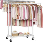 FAVOOSTY Clothes Rack for Hanging Clothes Double Rods, Rolling & Extending Clothing Rack with Wheels, Garment Coat Rack Freestanding, Portable Clothes Rack, White