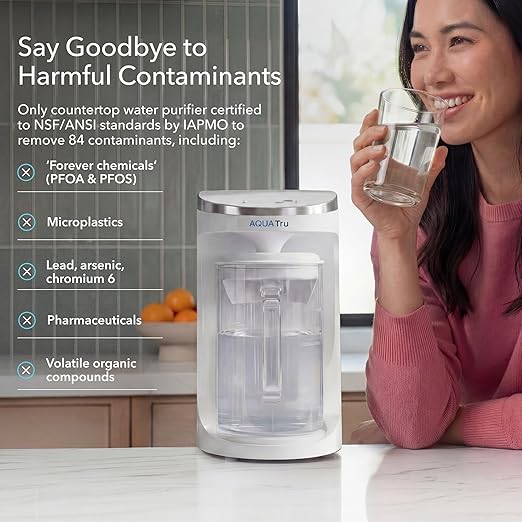 AquaTru Carafe Countertop Water Purifier | Compact 4-Stage Reverse Osmosis System with Glass Carafe Removes 84 Contaminants Including Forever Chemicals, Lead & Fluoride | No Plumbing