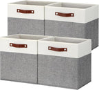 Temary 13 Inch Cube Storage Bins 4 Pack, Perfect Fit for Standard Cube Organizers, Sturdy Collapsible Storage Organizer Bins with PU Leather Handles for Closet, Nursery, and Office-White&Grey