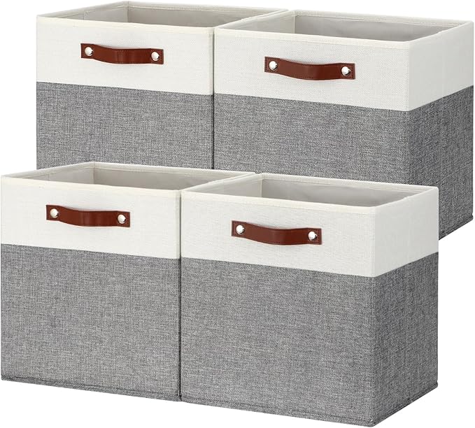 Temary 13 Inch Cube Storage Bins 4 Pack, Perfect Fit for Standard Cube Organizers, Sturdy Collapsible Storage Organizer Bins with PU Leather Handles for Closet, Nursery, and Office-White&Grey