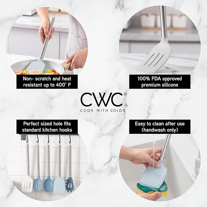 COOK WITH COLOR Silicone Cooking Utensils, Kitchen Utensil Set, Easy to Clean Silicone Kitchen Utensils, Cooking Utensils for Nonstick Cookware, Kitchen Gadgets Set, 5 Pieces, Blue and White