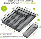 Neudeco Drawer Organizer Set 6 Pack - 5-Compartment Silverware Organizer Tray + 5 Utensil Trays, Kitchen Drawer Organizer for Flatware, Cutlery, Office Supplies, Black Mesh, Non-Slip.