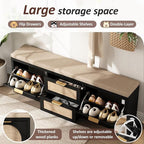 Rattan Narrow Entryway Bench with Shoe Storage, 4 Drawers & Coat Rack, Mid-Century Modern Wood Shoe Cabinet with Seat Cushion for Foyer/Hallway (Black)