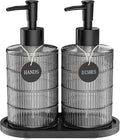 MASADI Soap Dispenser Set with Bamboo Tray, Dish and Hand Soap Lotion Dispenser Set with Wooden Pump for Kitchen and Bathroom Decor for Counter, Modern Vintage Liquid Soap Dispensers (Grey&Black)