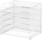 Cawukege 5 Tier Paper Organizer with Handle, White Metal Mesh Desk Organizer File Folder Paper Letter Tray Desktop Document Sorter for Classroom, School, Office Accessories Organization and Storage