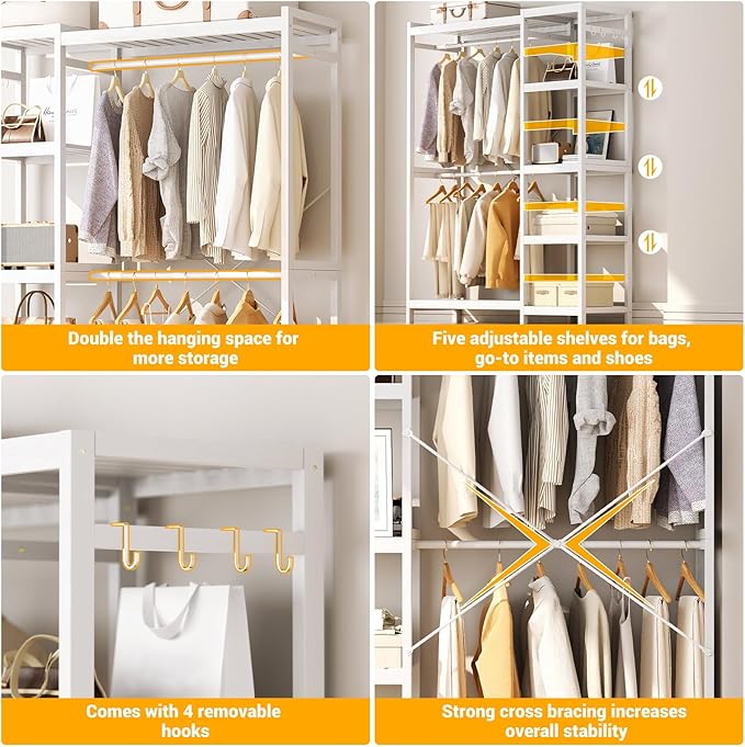 Homykic Bamboo Clothes Rack Garment Rack for Hanging Clothes, Heavy Duty Clothing Rack with 7 Tiers Adjustable Shelves, Double Rods, 4 Hooks, Freestanding Closet System Organizer Wardrobe, White