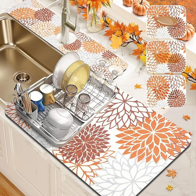 Findosom 2PCS 12" x 20" Fall Dish Drying Mat & 24" x 5.5" Sink Splash Guard, Super Absorbent & Cuttable Dish Mat Drying Kitchen Mat with Orange Floral, Hide Stain Drying Mat for Kitchen Counter