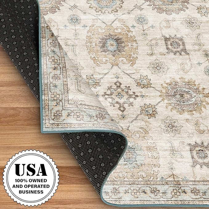 ReaLife Rugs Machine Washable Area Rug Runner - Living Room Bedroom Bathroom Kitchen Entryway Office - Padded Low Pile Stain Resistant Premium - Boho Farmhouse Vintage - Bryn - Beige Seafoam 2'6"x8'