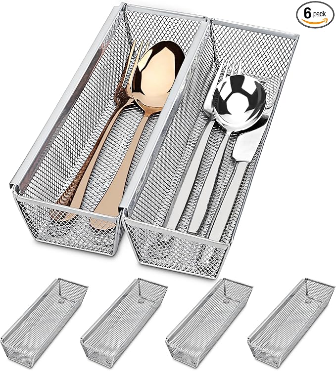 Smgmg Silverware Drawer Organizer, Cutlery Drawer Organizer, 6 Pack Utensil Drawer Organizer, Kitchen Utensils, Flatware Organizer with Interlocking Arm (9.6 * 3 * 2 inch, Grey)