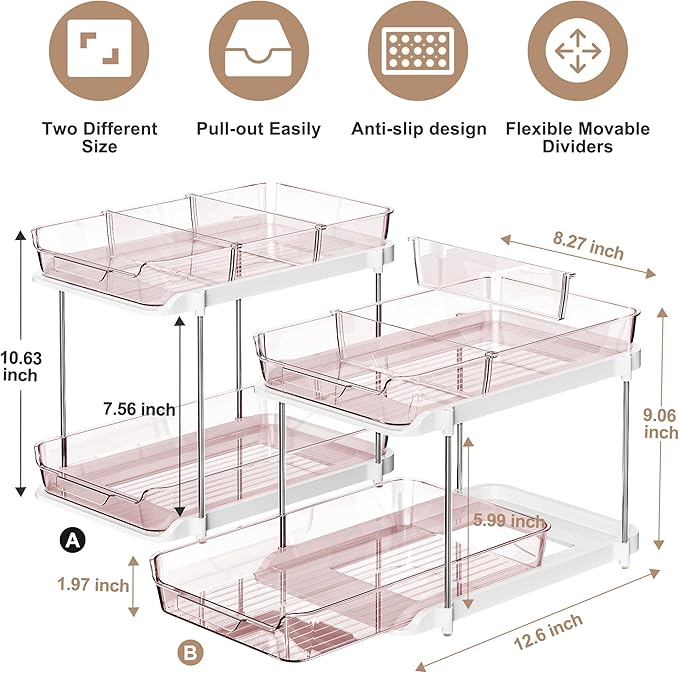 Delamu 2-Tier Multi-Purpose Bathroom Under Sink Organizers and Storage, Stackable Kitchen Pantry Organization, Pull Out Medicine Cabinet Organizer with Movable Dividers, Light Pink, 2 Pack