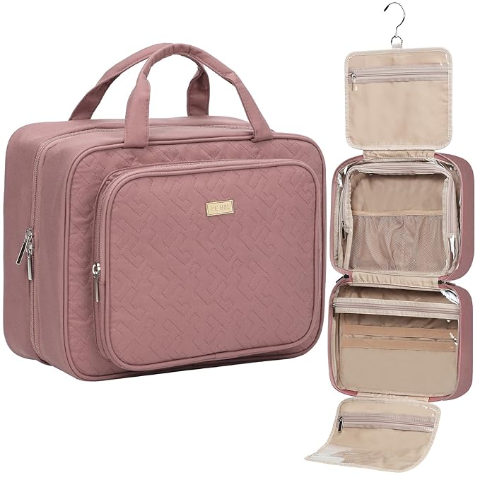 NISHEL Travel Toiletry Bag for Women, Makeup Essentials Organizer, Hanging Case for Accessories, Cosmetics, Large Size, Rosewood-Pink