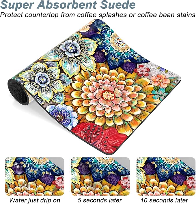 Rnivvi Coffee Mat, 12" x 19" Cute Flower Theme Coffee Bar Mats for Espresso Machine Station Accessories and Organizer, Hide Stain Rubber Backed Absorbent Dish Drying Pad for Kitchen Counter, Mandala