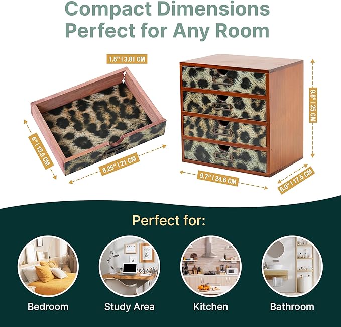 Classic Leopard Print Wooden Desk Organizer - 4-Drawer Desktop Storage - Rustic Wood Cabinet for Office Supplies, Craft Tools, & Home Organization - Luxurious Drawer Unit