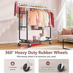 Hoctieon 2-Minute Assembly Double Rod Clothes Rack, Heavy Duty Rolling Clothing Racks with Wheels, Foldable Commercial Garment Rack, Extendable Hanging Bar, Adjustable Metal Pole with Hooks, Black