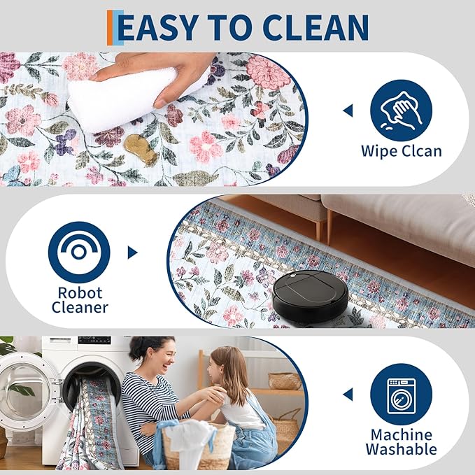 Washable Runner Rug 2.5 x 8 Non-Slip Non-Shedding Soft Vintage Bedside Low Pile Farmhouse Floral Carpet, Indoor Foldable Printed Entryway Rug for Hallway Kitchen, Light Blue