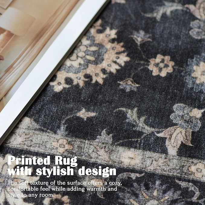 3x5 Washable Area Rug - Small Entryway Rug Non-Slip Charcoal Black Vintage Traditional Floral Kitchen Rugs Low Pile Boho Entry Carpet Throw Rugs for Living Room Bedroom Bathroom Entrance Office
