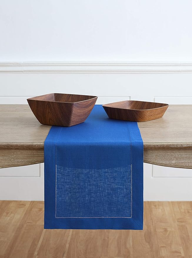 Solino Home Linen Royal Blue Table Runner 156 Inches Long - 100% Pure Linen Extra Long Table Runner 14 x 156 Inch for Christmas, New Year - Classic Hemstitch