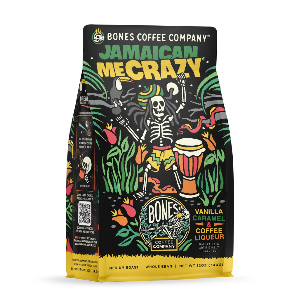 Bones Coffee Company Jamaican Me Crazy, Vanilla Caramel Flavored Coffee, Medium Roast Low Acid Arabica Beans Compatible with Auto drip and French Press Coffee Maker, 12 Oz Whole Bean