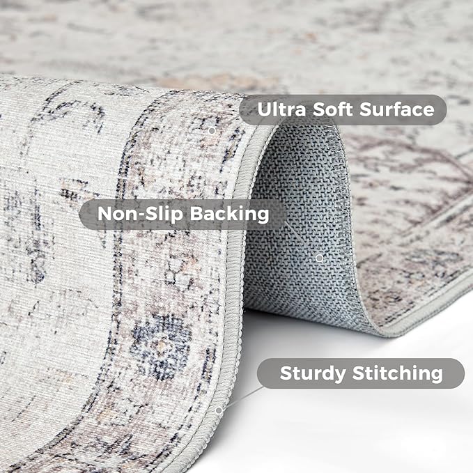 jinchan Kalen Runner Rug 2x5 Washable Hallway Rug Vintage Indoor Thin Retro Floor Cover Distressed Gray Floral Country Lightweight Non Slip Carpet for Entryway Bathroom Bedroom Living Room Grey
