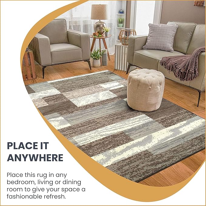 Superior Indoor Area Rug, Jute Backed, Modern Geometric Patchwork Floor Decor for Bedroom, Office, Living Room, Entryway, Hardwood Floors, Rockwood Collection, 5' x 8', Light Blue-Ivory