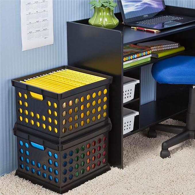 Sterilite Stackable Plastic Storage Crate Bin Organizer File Box with Handles for Home, Office, Dorm, Garage, or Utility Organization, Black, 24-Pack