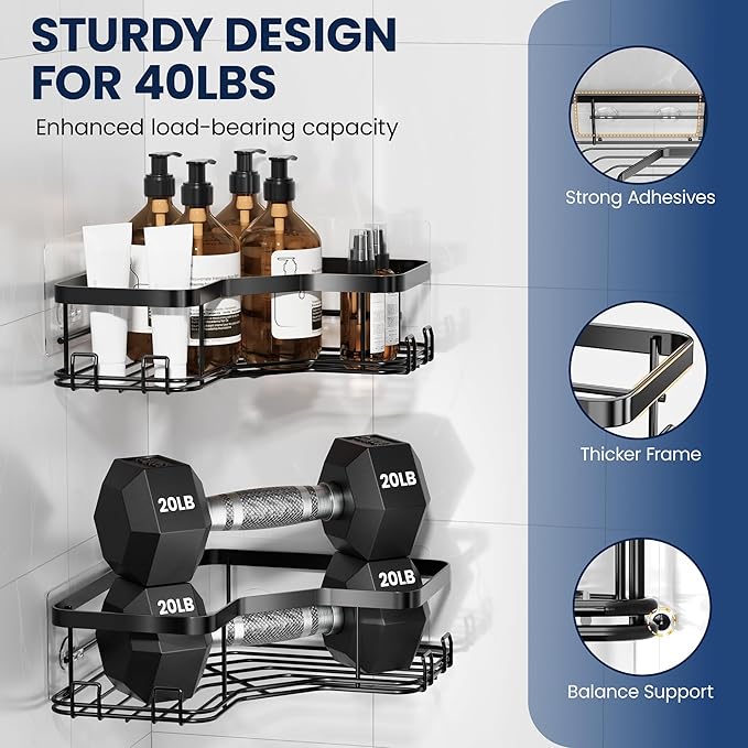 MAXIFFE 3 Pack Corner Shower Caddy with Soap Holder, Large Capacity Sturdy Adhesive Stainless Steel No Drilling Shower Organizer Shelves Rack Storage Inside Shower for Bathroom Family Renters, Black