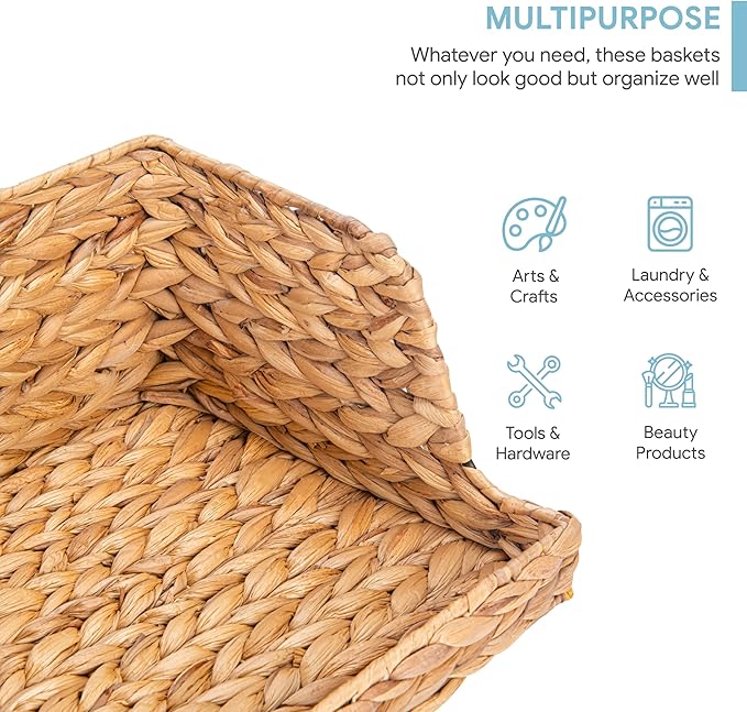 VATIMA Water Hyacinth Storage Baskets for Organizing, Medium Open-Front Wicker Basket for Kitchen, for Shelves, 11.8” x 7.5” x 5.5”, 2 Pack