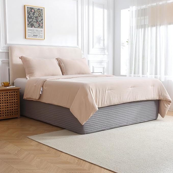 King Bed Skirt-Box Spring Cover with 14 Inch Tailored Drop,Wrinkle and Fade Resistant Hotel Wrap Around Bed Skirts，Bed Frame Cover (Horizontal Stripe Gray, King)