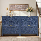 weselon Flip Drawer Shoe Cabinet Set of 2, Narrow Shoe Storage Cabinet, 2-Tier Hidden Shoe Organizer with Carved Floral for Entryway, Slim Shoes Storage for Hallway Foyer (2, Midnight Blue)