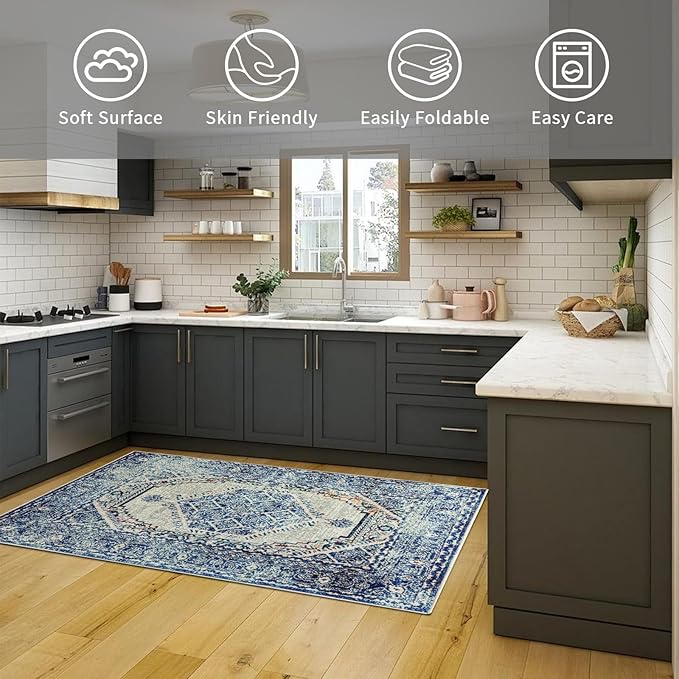 Easy-Going Boho Area Rug 3x5 Entryway Rug Washable Inside Door Mats for Home Entrance Non-Slip Vintage Distressed Small Rugs for Entry Living Room Bedroom Kitchen Office Lightweight Carpet, Blue Cream