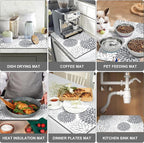 Findosom 2PCS 16" x 24" Dish Drying Mat & 24" x 5.5" Sink Splash Guard, Super Absorbent & Cuttable Dish Mat Drying Kitchen Mat with Gray Floral, Hide Stain Drying Mat for Kitchen Counter