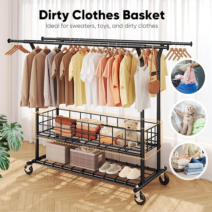 HOKEEPER Heavy Duty Clothes Rack Load 635 LBS, Clothing Rack for Hanging Clothes, Adjustable Black Double Rod with Metal Basket, Portable Rolling Garment Rack with Wheels for Bedroom, Laundry Room