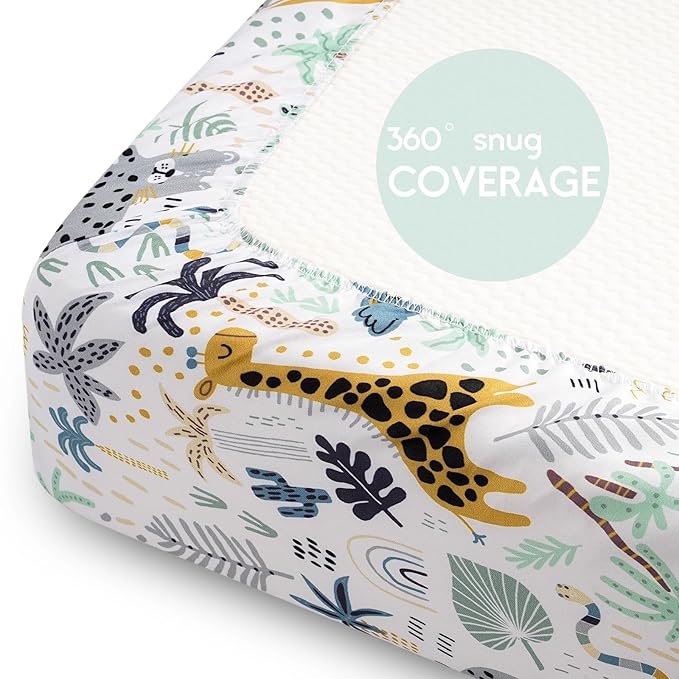 Yoofoss Pack and Play Sheets Fitted, Mini Crib Sheets 2-Pack for Pack N Play Mattress, Stretchy Playard Sheet, Soft and Breathable Green+Giraff